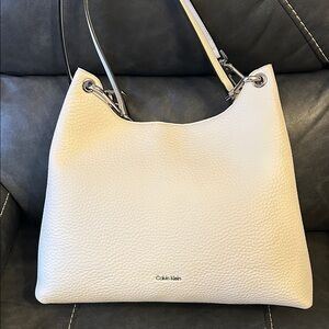 Calvin Klein Off-White Pebbled Leather Shoulder Bag with Silver Hardware